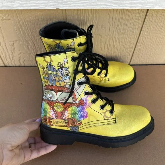 Yes We Vibe Combat Boots Yellow Travel Van Women’s Size 7 EU 38 Vegan Lace Up - Picture 3 of 10